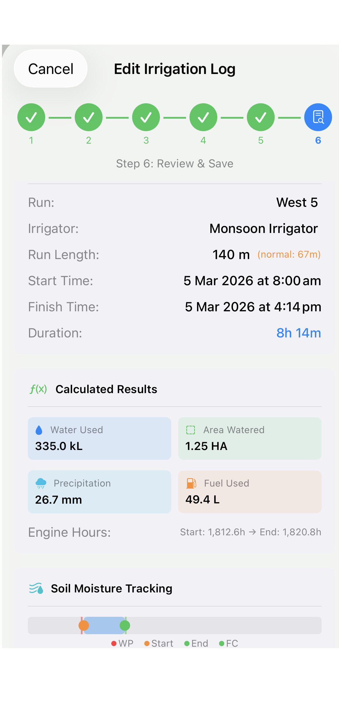 Irrigation log review showing run details, calculated water usage, and soil moisture tracking